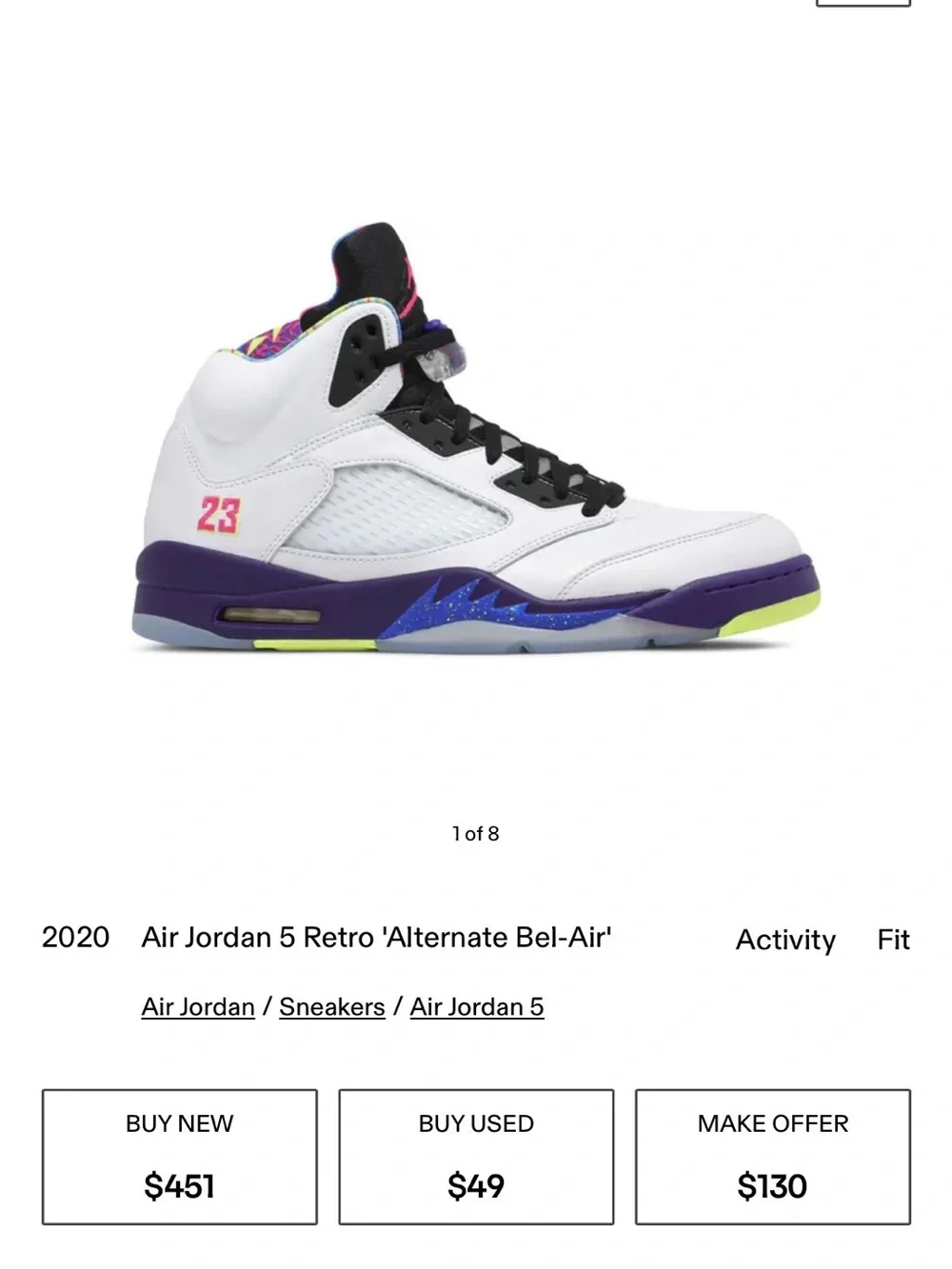 DeadStock Nike Air Jordan 5 Retro 'Alternate Bel-Air' Sneakers - 9M